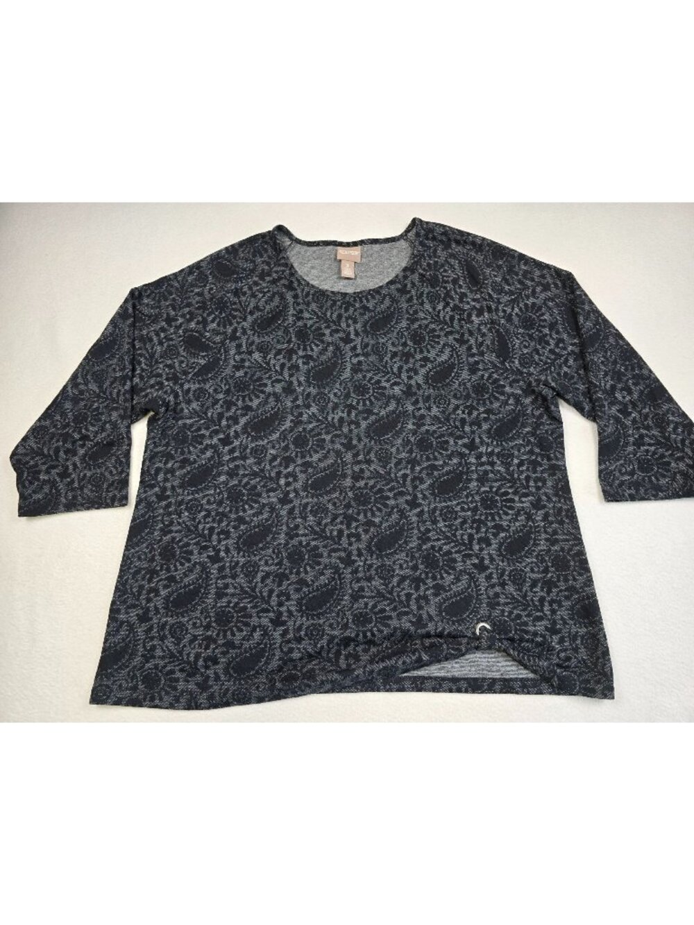 Chicos Paisley Print Top Size 3 Black Gray 3/4 Sleeve XL Lightweight Sweater